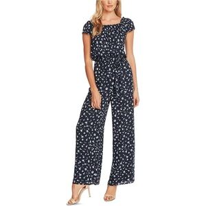 NWT CeCe Square Neck Scattered Floral Navy Tie Belt Jumpsuit size 14